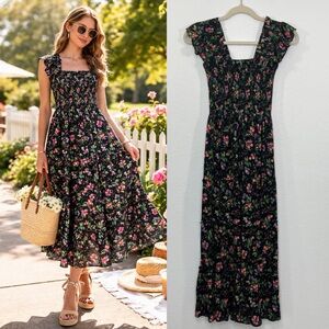 Hill House The Ellie Nap Dress Floral Black Midi Dress size XXS